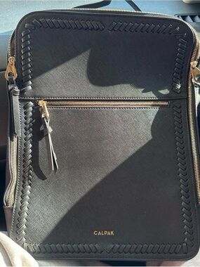Calpak Black Leather-Look Laptop Bag with Gold Hardware